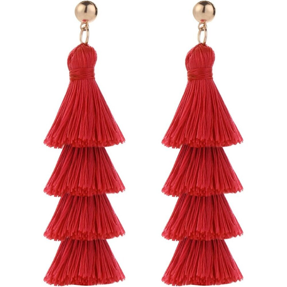 Tassel Earrings Handmade Tiered Thread Tassel Dangle Earrings, Multi Colors